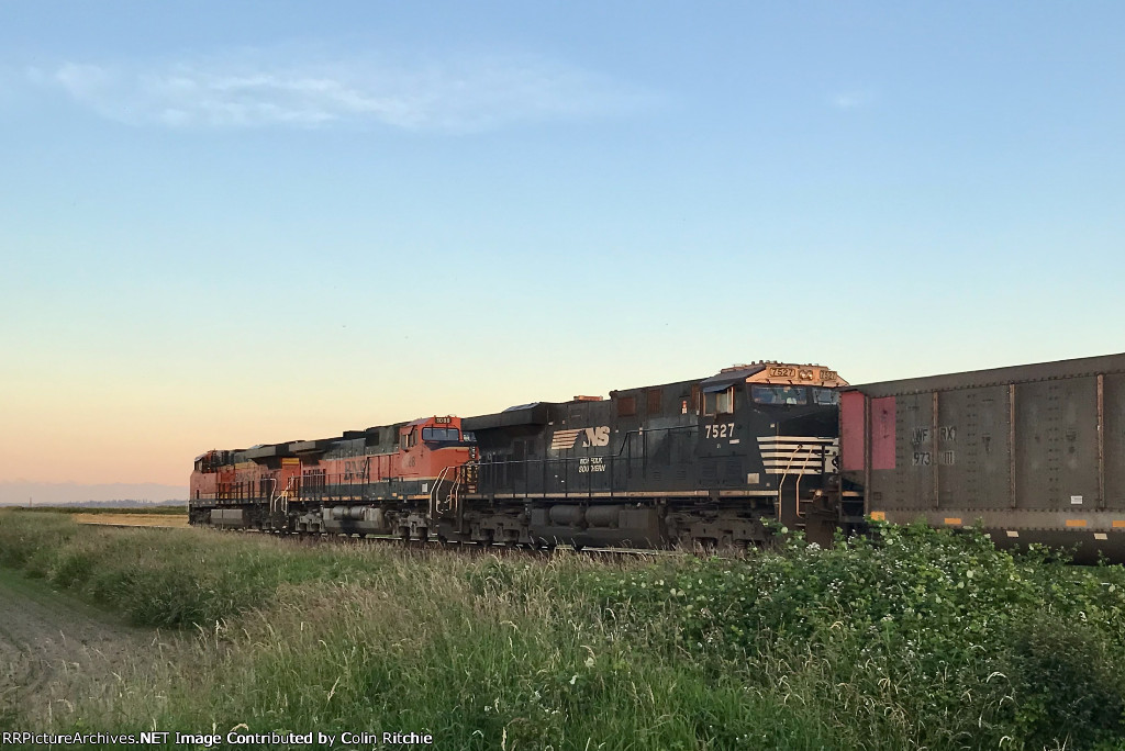 BNSF 6642 leads an E/B empty coal train with BNSF 1088 and NS 7527, trailing. Just departed Robert's Bank and heading for the Mud bay crossing.